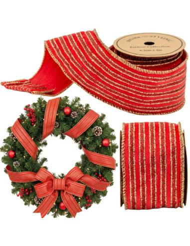 Wstążka złote paski 6,3cmx3m czerwona