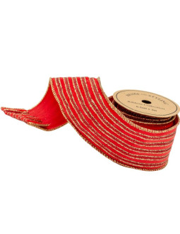 Wstążka złote paski 6,3cmx3m czerwona 2