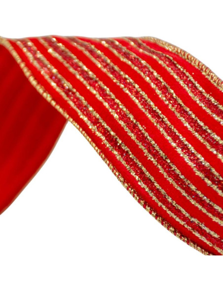 Wstążka złote paski 6,3cmx3m czerwona