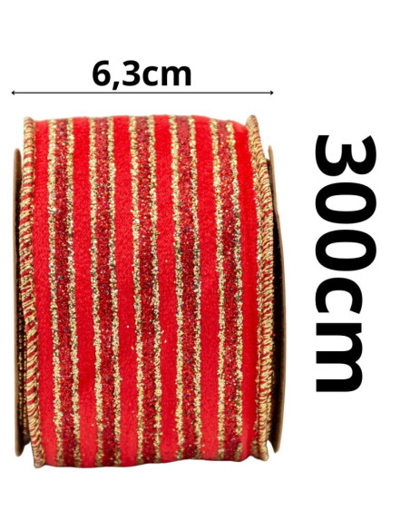 Wstążka złote paski 6,3cmx3m czerwona