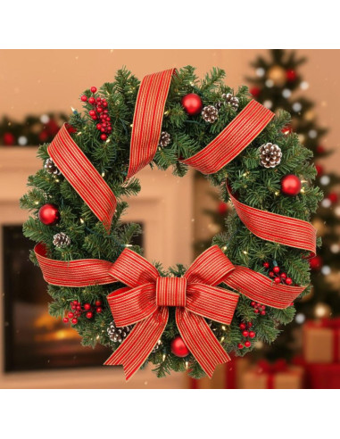 Wstążka złote paski 6,3cmx3m czerwona