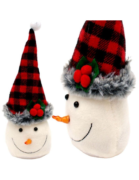 Bałwanek dekoracyjny 20cm z czapką w czerwono czarną kratkę