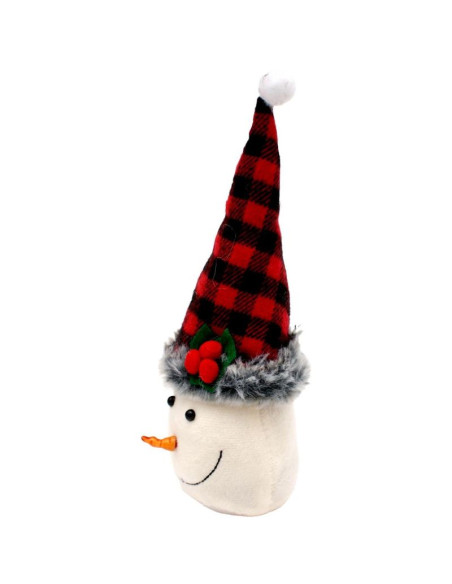 Bałwanek dekoracyjny 20cm z czapką w czerwono czarną kratkę