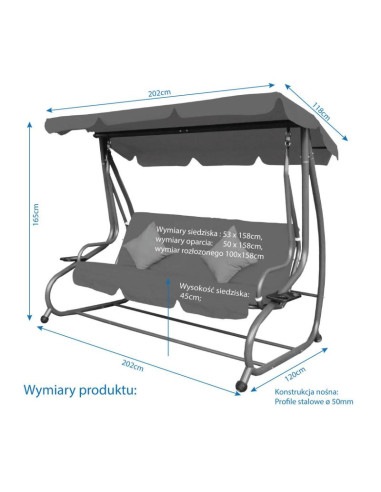 Huśtawka ogrodowo balkonowa kasia 3 osobowa szara