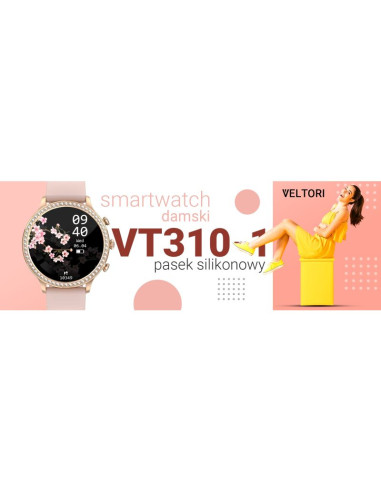 Smartwatch damski veltori vt310-1 złota bransoleta + różowy pasek silikonowy