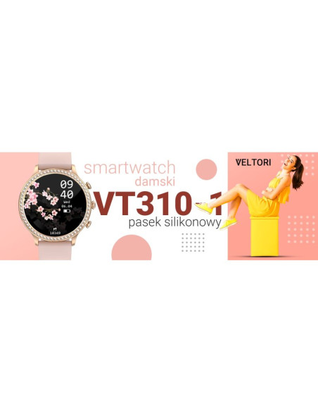 Smartwatch damski veltori vt310-1 złota bransoleta + różowy pasek silikonowy