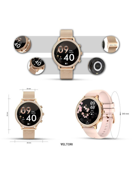 Smartwatch damski veltori vt310-1 złota bransoleta + różowy pasek silikonowy