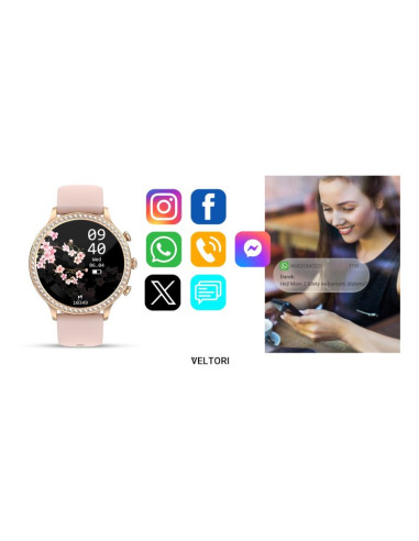 Smartwatch damski veltori vt310-1 złota bransoleta + różowy pasek silikonowy