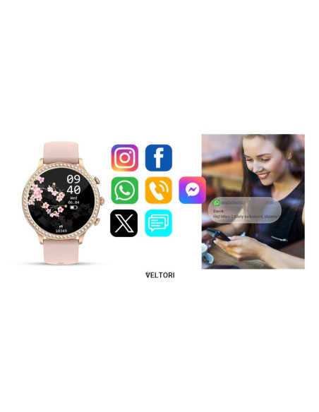 Smartwatch damski veltori vt310-1 złota bransoleta + różowy pasek silikonowy