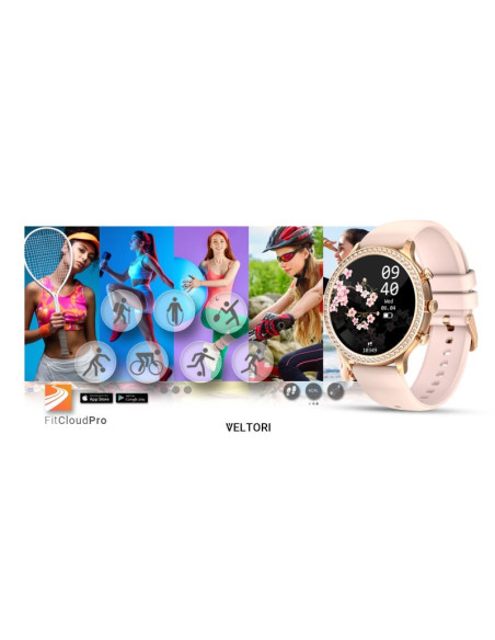 Smartwatch damski veltori vt310-1 złota bransoleta + różowy pasek silikonowy