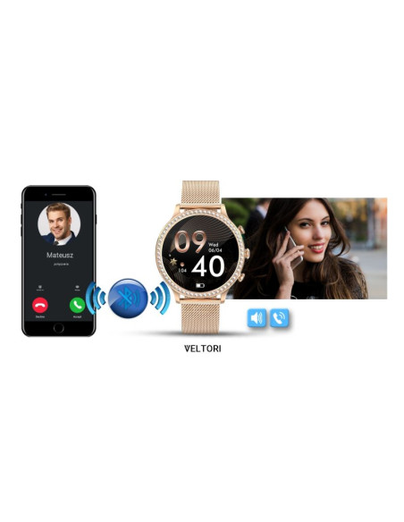 Smartwatch damski veltori vt310-1 złota bransoleta + różowy pasek silikonowy