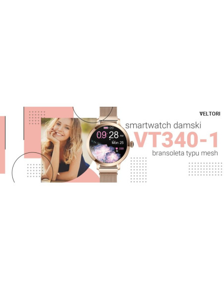 Smartwatch damski veltori vt340-1 złota bransoleta + różowy pasek silikonowy