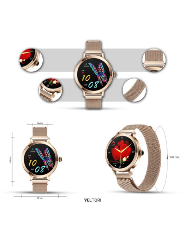 Smartwatch damski veltori vt340-1 złota bransoleta + różowy pasek silikonowy