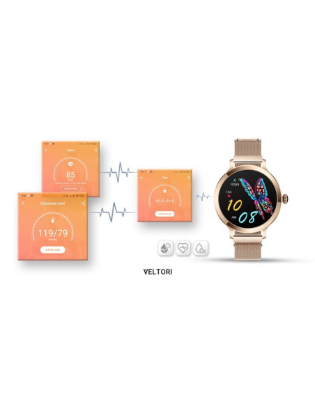 Smartwatch damski veltori vt340-1 złota bransoleta + różowy pasek silikonowy