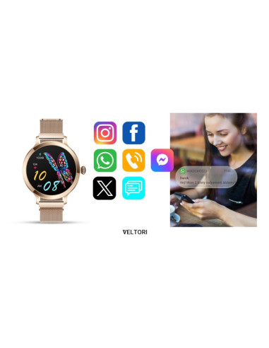 Smartwatch damski veltori vt340-1 złota bransoleta + różowy pasek silikonowy