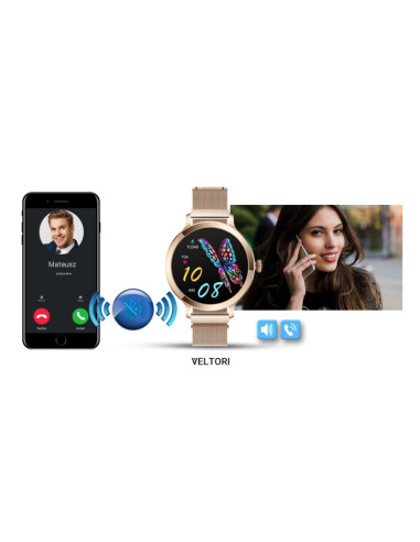 Smartwatch damski veltori vt340-1 złota bransoleta + różowy pasek silikonowy
