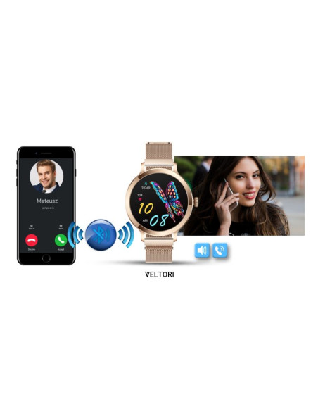 Smartwatch damski veltori vt340-1 złota bransoleta + różowy pasek silikonowy