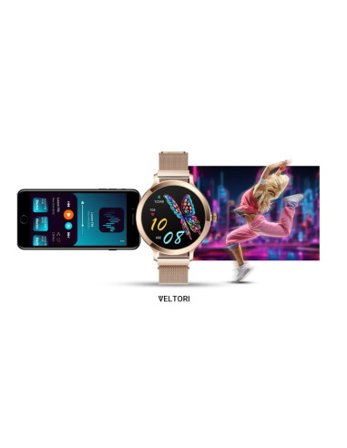 Smartwatch damski veltori vt340-1 złota bransoleta + różowy pasek silikonowy