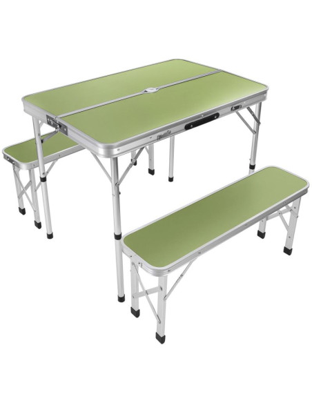 Stolik turystyczny składany kempingowy 90x60x70cm i 2 ławki 87x23x39cm zielony