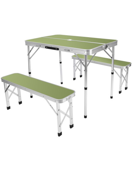 Stolik turystyczny składany kempingowy 90x60x70cm i 2 ławki 87x23x39cm zielony