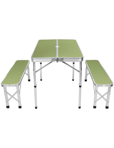 Stolik turystyczny składany kempingowy 90x60x70cm i 2 ławki 87x23x39cm zielony