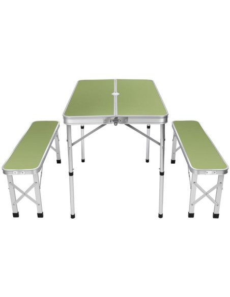 Stolik turystyczny składany kempingowy 90x60x70cm i 2 ławki 87x23x39cm zielony