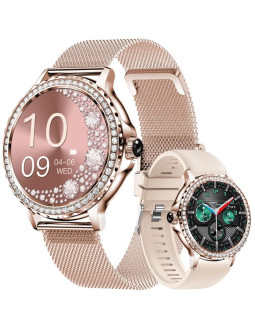 Smartwatch damski veltori vt320-1 złota bransoleta + różowy pasek silikonowy