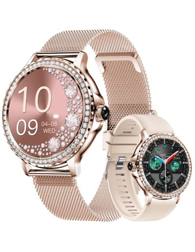 Smartwatch damski veltori vt320-1 złota bransoleta + różowy pasek silikonowy