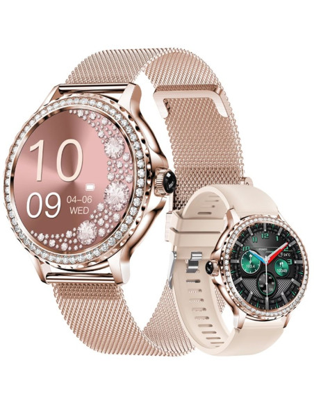 Smartwatch damski veltori vt320-1 złota bransoleta + różowy pasek silikonowy