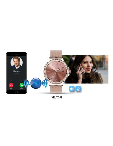 Smartwatch damski veltori vt320-1 złota bransoleta + różowy pasek silikonowy