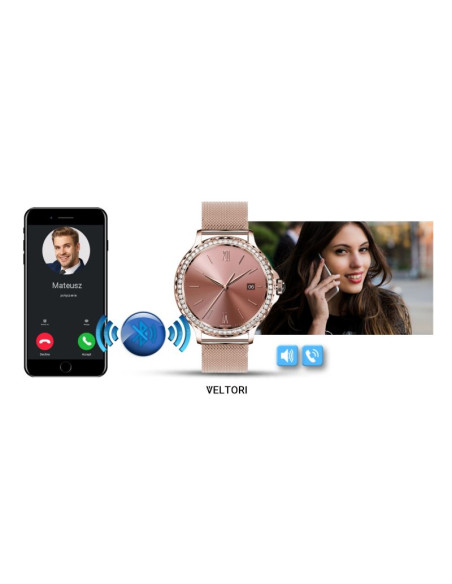 Smartwatch damski veltori vt320-1 złota bransoleta + różowy pasek silikonowy