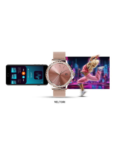 Smartwatch damski veltori vt320-1 złota bransoleta + różowy pasek silikonowy