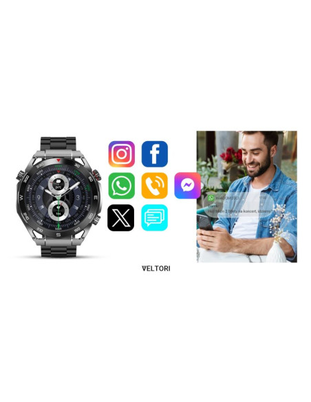 Smartwatch veltori vt100-1 + czarny pasek silikonowy + czarny eko skóra