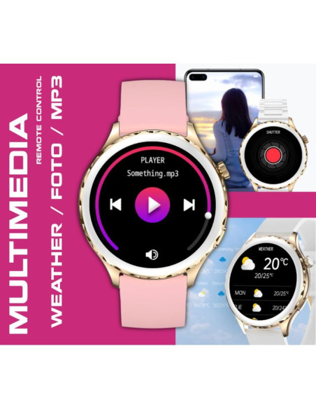 Smartwatch damski rubicon rncf02-2 złoty + pasek różowy