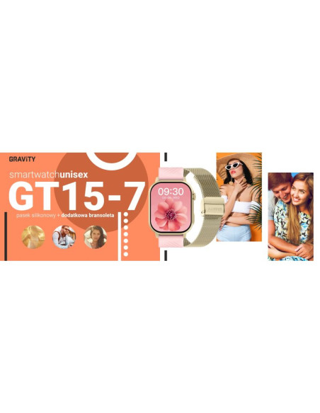 Smartwatch gravity gt15-7 różowy pasek silikonowy + złota bransoleta