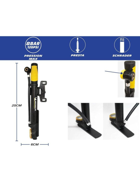 Pompka rowerowa mini z manometrem 2w1 alu michelin 8 bar(120psi)