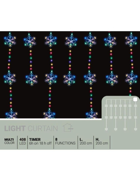 Lampki choinkowe kurtyna świetlna 200x200 cm 408led płatki śniegu multikolor