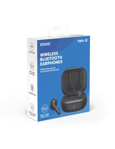 Savio słuchawki bezprzewodowe bluetooth 5.3 z mikrofonem, anc, enc, qc tws-12