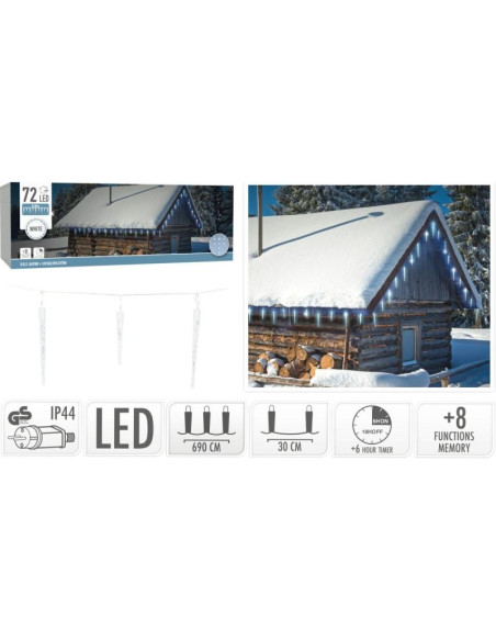 Lampki kurtyna świetlna sople zew 72 led zimny biały timer