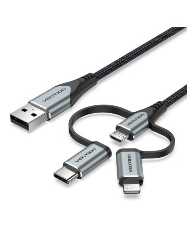 Kabel vention usb-a  3w1 micro-b usb-c lightning 1m szary