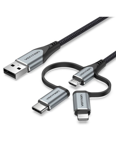 Kabel vention usb-a  3w1 micro-b usb-c lightning 1m szary