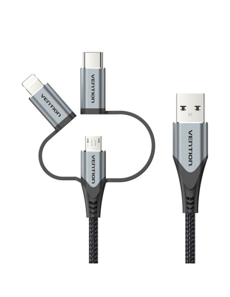 Kabel vention usb-a  3w1 micro-b usb-c lightning 1m szary