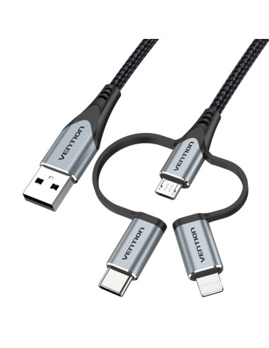 Kabel vention usb-a  3w1 micro-b usb-c lightning 1m szary