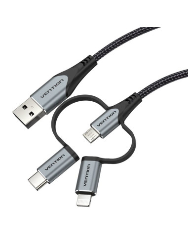 Kabel vention usb-a  3w1 micro-b usb-c lightning 1m szary