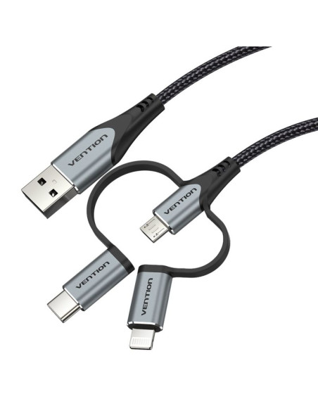 Kabel vention usb-a  3w1 micro-b usb-c lightning 1m szary