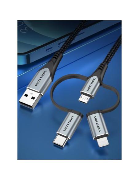 Kabel vention usb-a  3w1 micro-b usb-c lightning 1m szary