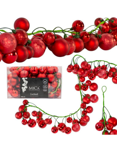 Gałązka girlanda 180cm z bombkami 80 szt.mica czerwona