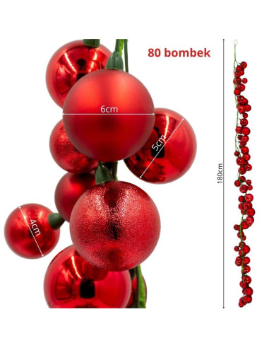 Gałązka girlanda 180cm z bombkami 80 szt.mica czerwona