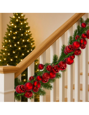 Gałązka girlanda 180cm z bombkami 80 szt.mica czerwona