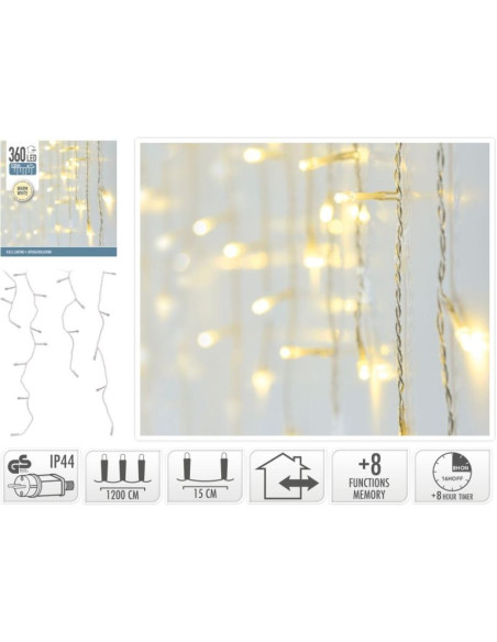 Lampki choinkowe kurtyna świetlna zew 360 led sterownik timer ciepły biały kabel transparentny